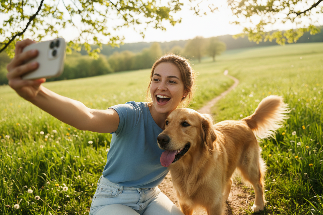 készitenél egy képet szabadban kutyával szelfiző gazdival